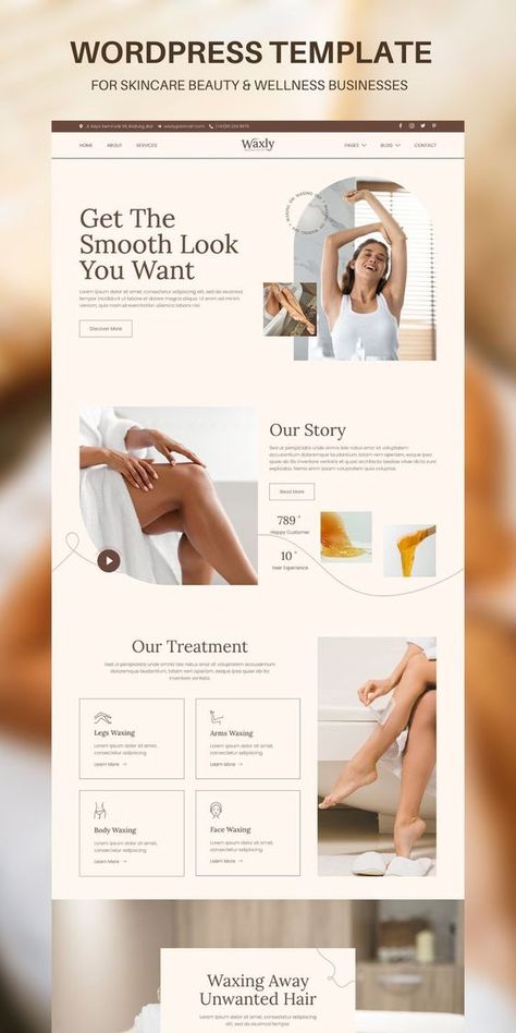 Waxly is a modern and clean Elementor Template Kit that is perfect for those who want to create a professional-looking WordPress-based website for a Waxing & Threading Salon, Spa, Wellness, and any other beauty care business. Esthetician Website, Wordpress Website Template, Advertising Campaign Design, Beauty Web, Waxing Salon, Business Web Design, Banner Design Inspiration, Spa Wellness, Creative Web Design