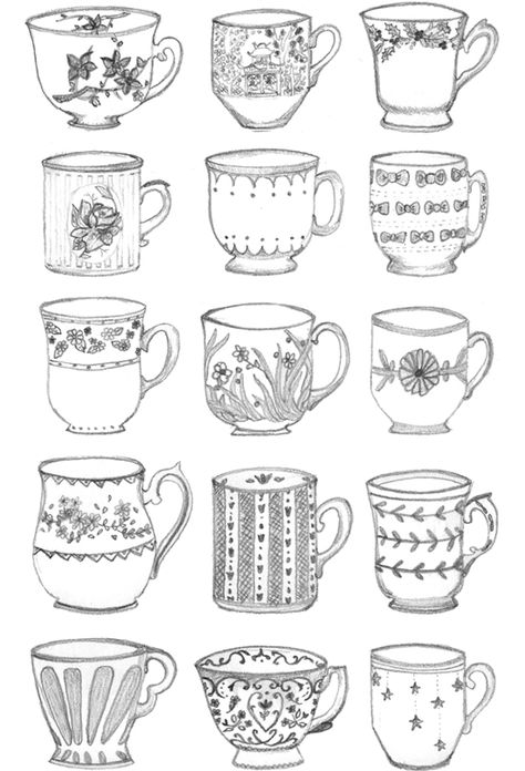 Teacups - tint embroidered versions of these? Teacup Collection, Graphic Cartoon, Etsy Embroidery, Sketch Note, Draw Illustration, Cartoon Drawing, Cups And Saucers, Journal Doodles, Black Set