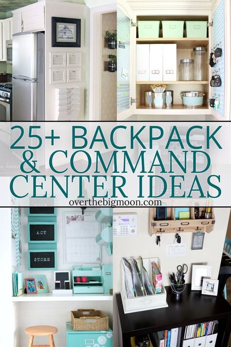 25 Backpack and Command Center Organization Ideas -- come see lots of ideas to help you organize your home! From overthebigmoon.com! Comand Center, Family Organisation, Family Command Center Wall, Organized Backpack, Command Center Ideas, Command Center Organization, Diy Command Center, Command Center Kitchen, Home Command Center