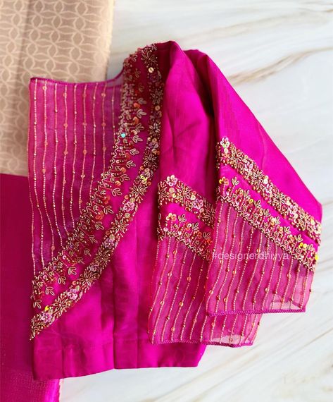 Blouse Ariwork Designs, Pink Colour Maggam Work Blouses, Maggam Work On Net Hands, Bottle Green Colour Combinations Dress, Maggam Work Blouse Designs With Net, Netted Aari Work Blouse Design, Net Maggam Work Blouse Designs, Net Work Blouse Designs Latest, Aari Work Net Blouse Designs