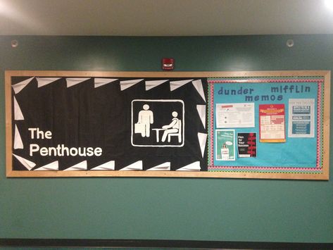 Welcome board for The Office theme. Half of the bulletin board dedicated to the theme (This was on the 13th floor, determined by residents as the penthouse), while the other side was dedicated to having an area for posters to hang. Real 3D paper airplanes used on the left side! The Office Themed Bulletin Board, The Office Ra Bulletin Boards, The Office Door Decs, The Office Ra Board, The Office Classroom Theme, The Office Bulletin Board, Residence Life Bulletin Boards, Res Life Bulletin Boards, Resident Assistant Bulletin Boards