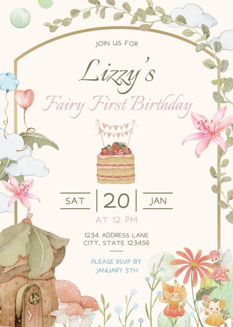 Fairy First Birthday Invitation, Birthday Party Invitation, Editable Invitation template, Birthday Party Invite, Fairy Theme Birthday 1 St Birthday Invitation Card, Cute 1st Birthday Themes Girl, 1st Birthday Card Invitation, First Birthday Girl Invitations, Birthday Party Card Invitation, Invitation Card Design Birthday, Baby Invitation Card, Baby Birthday Party Invitations, 1st Birthday Invitation Card