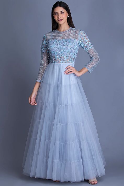 Latest Gown Designs Party Wear, Long Gown Dress Party Wear, Net Gown Designs, Latest Gown Designs, Net Dress Design, Party Wear Long Gowns, Gown Dress Party Wear, Layered Gown, Party Gown Dress