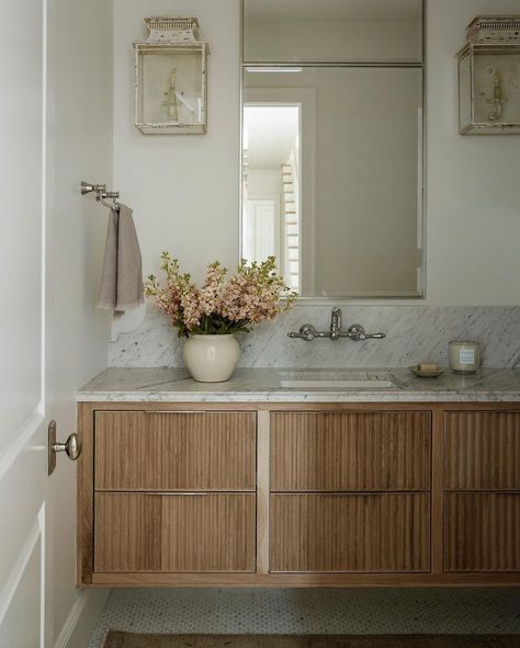 alex adamson on Instagram: “A fluted white oak vanity, oval marble tile and vintage inspired lanterns make up the powder bath from the #alpinecirclehome” White Oak Vanity, Oak Vanity, Neutral Bathroom, Classic Bathroom, Wall Mount Faucet, Cabinetry Design, Powder Bath, Marble Tile, Bathroom Renos