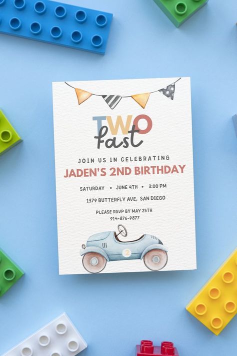 2nd Birthday Invitation Card, Bday Invitation Card, Two Fast Birthday Invitation, Kids Birthday Invitation Card, 2nd Birthday Boy, Two Fast Birthday, Baby Birthday Card, Birthday Invitation Card Template, 2nd Birthday Boys