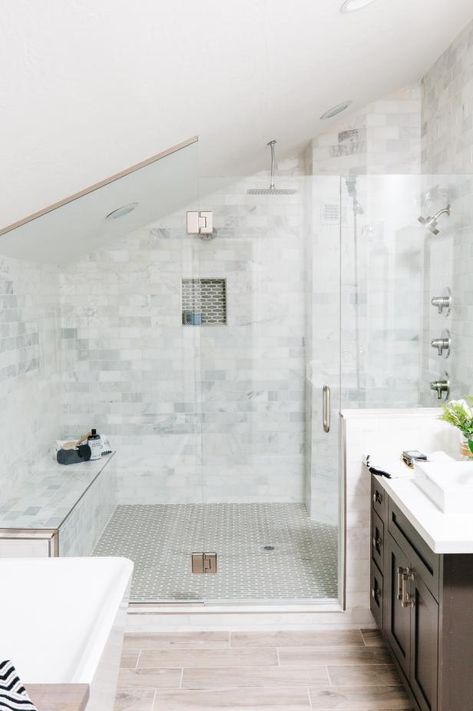 Check out this modern rustic bathroom with a vaulted ceiling on HGTV.com. Slanted Ceiling Bathroom, Sloped Ceiling Bathroom, Modern Rustic Bathroom, Attic Shower, Vaulted Ceiling Bedroom, Rustic Modern Bathroom, Small Attic Bathroom, Main Bathroom Ideas, Garage Addition