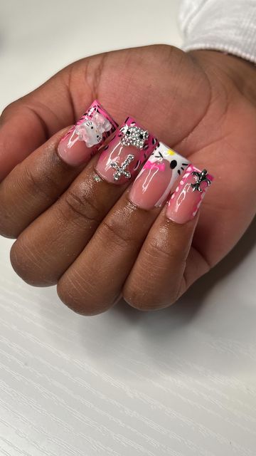 Hello Kitty Drawn Nails, Hello Kitty Freestyle Nails, Hello Kitty Short Nails, All Pink Nails, Hello Kitty Nails Acrylic, Weak Nails, Punk Nails, Hard Nails, Girly Acrylic Nails