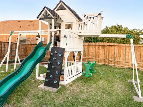 Wood Play Set Makeover, Playset Color Ideas, Diy Playground Upgrades, Play Set Makeover Wood, Small Playground Backyard, Under Playset Ideas, Wooden Playset Makeover, Farmhouse Playset, Outdoor Playset Makeover