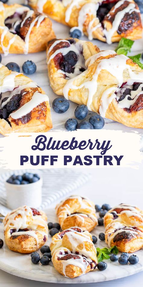 Blueberry Danish is made with fresh blueberries, blueberry jam or blueberry preserves, and puff pastry that is flaky and buttery and drizzled with a sweet lemon cream cheese icing! #BlueberryDanish #BlueberryPuffPastry #CreamCheeseIcing #FlavorMosaic Puff Pastry Recipes Blueberries, Puff Pastry With Blueberries, Lemon Blueberry Cream Cheese Danish, Blueberry Preserves Desserts, Blueberry Cream Cheese Puff Pastry Recipes, Puff Pastry Blueberry Cream Cheese, Puff Pastry Fruit Recipes, Blueberry Pastry Puff, Puff Pastry Blueberry Recipes