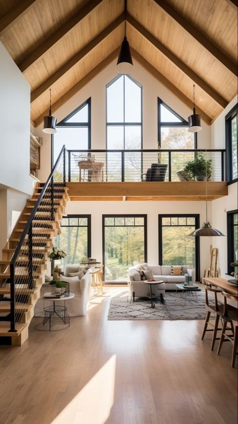 Modern Industrial Lake House, Mountain Home Exterior Big Windows, Home With Windows, Houses With Skylights, Barndominium Modern Interior, Farmhouse With Big Windows, Stairs In Great Room, Rustic Modern Exterior Home, Modern Aframe Houses