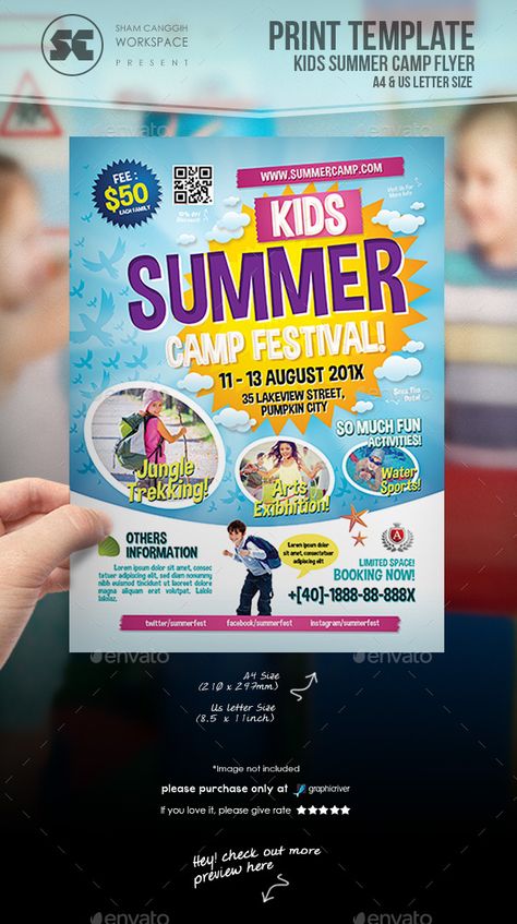 Flyer templates designed exclusively for summer camps, event, sports, school activities, family day, community or any of use. Fully editable, image/logo can be quickly added or replaced in smart objects. Easy to edit just find and replace image in the smart o Kids Fest, Camp Flyer, Kids Summer Camp, Kindergarten Party, Holiday Flyer Template, Brochure Ideas, Roll Up Design, Summer Classes, Youth Camp