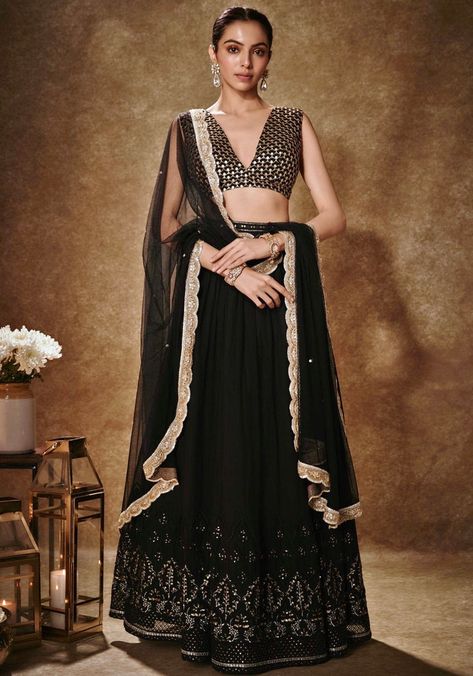 Top 6 Black Lehengas for Wedding Guests Black And Gold Lehenga, Gold Lehenga, Scallop Pattern, Black Lehenga, Georgette Lehenga, Choli Blouse, Bollywood Lehenga, Georgette Dupatta, Vacuum Storage