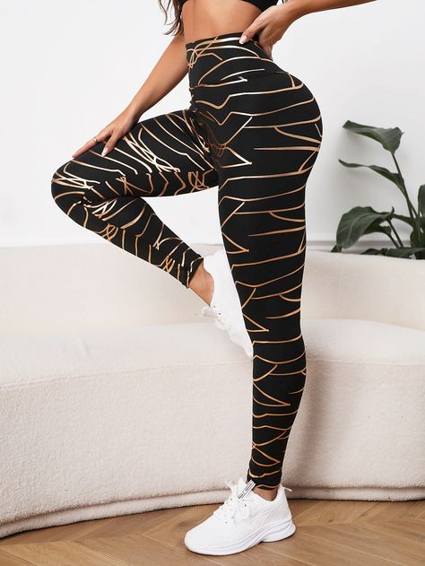 Allover Print Wideband Waist Sports Leggings Black    Knitted Fabric Geometric,All Over Print Regular High Stretch  Women Activewear, size features are:Bust: ,Length: ,Sleeve Length: Comfy Chic Outfits, Yoga Attire, Yoga Party, Sports Track Pants, Sports Wear Women, Workout Attire, Comfy Chic, Women Sports, Active Wear Leggings