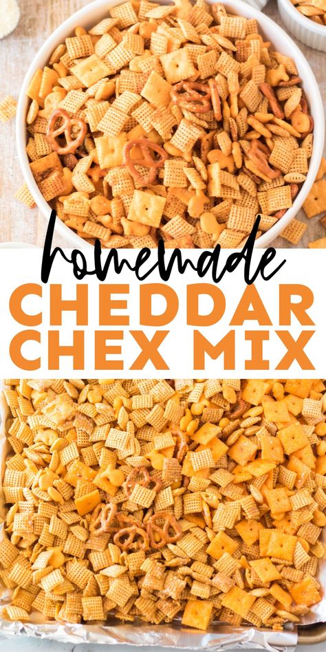 The best homemade cheddar chex mix! So easy to make and so delicious! Cheesy Chex Mix Recipes, Cheddar Chex Mix Recipe, Cheese Chex Mix Recipes, Cheez It Snack Mix Recipe, Cheese Chex Mix, Cheesy Chex Mix, Cheesy Snack Mix, Savory Chex, Savory Chex Mix