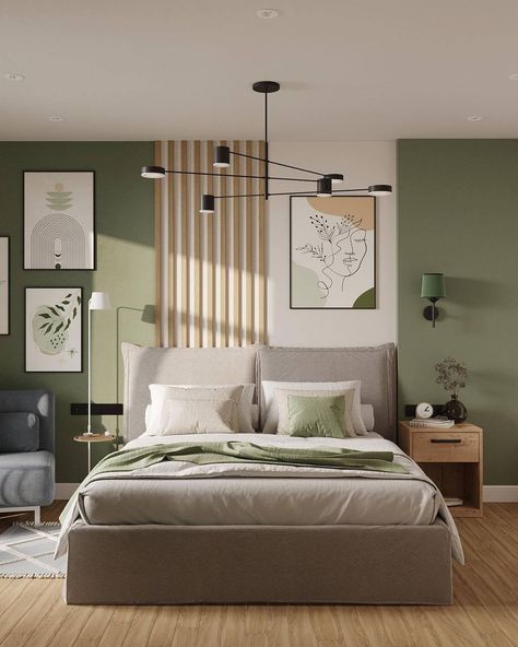 Bedroom Ideas 12 M2, Wooden Slat Wall Interiors Bedroom, Bright Accent Wall Bedroom, Bedroom 12 M2, Green Modern Bedroom, Unique Bedroom Design Interiors, Green And Beige Bedroom, Scandanavian Interiors Bedroom, Wooden Walls Living Room