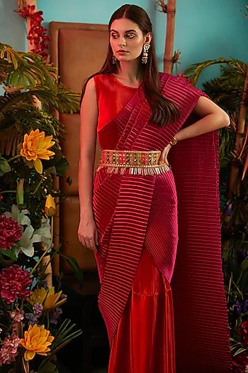 Red Color Blocked Pleated Gown Saree Design by Tasuvure at Pernia's Pop Up Shop 2021 Pooja Dress For Women, Styling Saree, Saree Belts, Crush Saree, Gown Saree, Gown With Belt, Saree Pattern, Pleated Saree, Saree With Belt