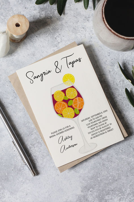 Spanish Sangria and Tapas Bridal Shower Invites for Spain Themed Events. Host at a Restaurant or Your Home. Sangria Themed Bridal Party, Spanish Themed Bridal Shower Ideas, Spain Wedding Theme, Spanish Party Theme, Spanish Bridal Shower Ideas, Spain Theme Party, Spanish Themed Party, Spanish Sangria, Spanish Invitations