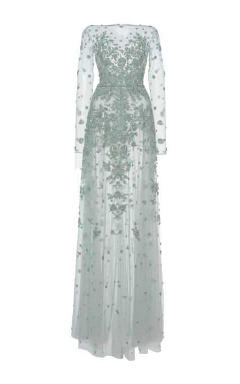 Zuhair Murad Resort 2017 Long Floral Gown, Gown Green, Tulle Dress Long, Green Evening Gowns, Floral Dress Outfits, Long Green Dress, Beaded Evening Gowns, Piece By Piece, Green Gown