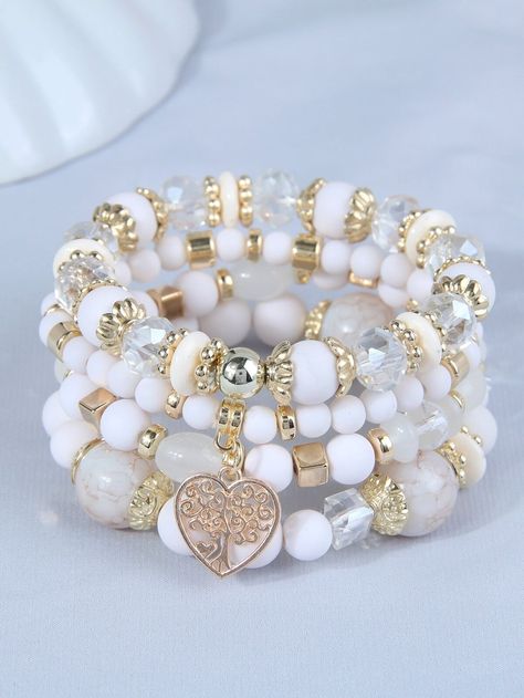 White Beaded Bracelets, Stretch Beaded Bracelets Diy, Silver Bracelet Stack, Girly Bracelets, Bracelet Materials, Bracelets For Sale, Crystal Bead Jewelry, Latest Bracelets, Embellished Fashion