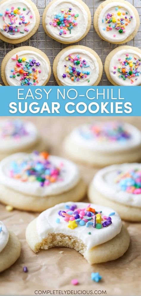 Welcome to the easiest sugar cookies you will ever bake! With a soft, tender texture and delightful vanilla flavor, these no-chill, no-roll sugar cookies topped with delicious buttercream frosting are a game-changer. These are the best sugar cookies for holidays, birthday celebrations, and all kinds of occasions big and small. | no chilll sugar cookie recipe | no chill sugar cookie dough | homemade sugar cookies no chill | homemade sugar cookies easy no chill | easy sugar cookie recipe Sugar Cookie Soft Recipe, Cookies Using Sugar Cookie Dough, No Roll Sugar Cookies Easy, Sugar Cookies No Chill Recipe, Soft Sugar Cookie Recipe No Chill, Beyond Frosting Sugar Cookies, No Chill Cookie Dough, Best No Chill Sugar Cookies, Icing Sugar Cookies Recipe