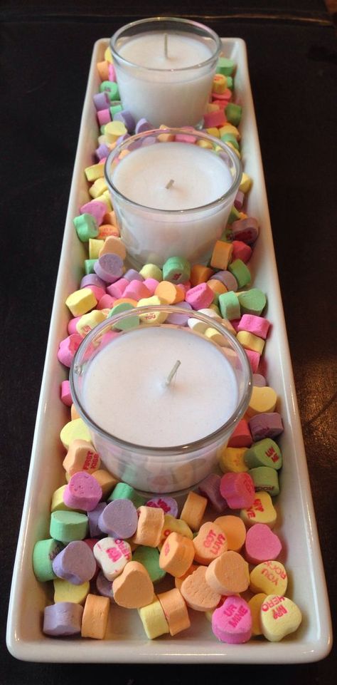 150 Sweet & Romantic Valentine's Home Decorations That Are Really Easy To Do - Hike n Dip Conversation Heart Centerpieces, Valentine Banquet Ideas Church Decorations, Conversation Heart Decor, Conversation Hearts Decor, Valentine Mantle Decor, Conversation Hearts Crafts, Valentines Banquet, Valentine's Home Decoration, Valentine Banquet