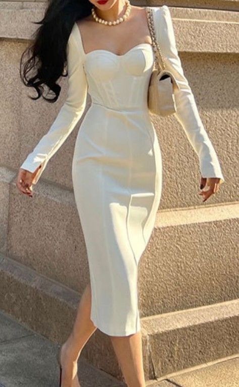 Elegant Midi Dresses Classy Chic, Elegant Midi Dress Classy, Tea Length Homecoming Dresses, White Dress Classy, White Midi Dress Bodycon, Dress Outfits Party, White Dress Outfit, Elegant Midi Dress, Mother Dress