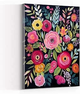 flower prints wall art,floral painting with various pink flowers on a black background,in the style of bright and bold color palette,whimsica,8''x12'' Framed Modern Canvas Wall Art Floral With Black Background, Canvas Painting On Black Background, Flower Painting Black Background, Painting Ideas Black Background, Group Painting, Black Background Painting, Flowers On Black Background, Floral Paintings Acrylic, Craft Board