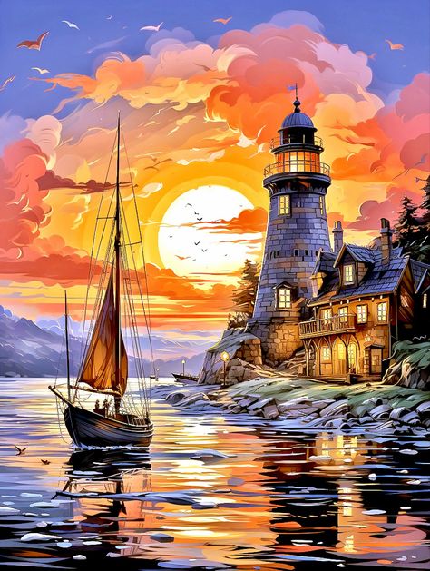 Sunset House Painting, Lighthouse Landscape Painting, Acrylic Art Paintings Galleries, Lighthouses Painting, Realistic Landscape Paintings, Boat Painting Acrylic, Lighthouse Landscape, Boats Painting, Lighthouse Sunset