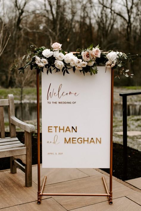 Acrylic Wedding Welcome Sign. Entrance Sign. Reception Sign. White and Gold. Classic. Sign by Stone+Co. Designs #wedding #weddingideas #event #engagement #party #reception Engagement Party Entrance Sign, Wedding Entrance Sign Acrylic, Name Board For Wedding Entrance, Wedding Standee Design, Reception Name Board, Entrance Arch Wedding, Haldi Design, Emerald Wedding Decor, Gold Welcome Sign