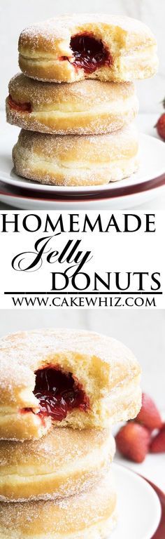 Learn how to make perfect HOMEMADE JELLY DOUGHNUTS (or donuts) with detailed instructions. Make them even more delicious by topping them with chocolate fudge frosting and strawberries. Great Summer dessert or snack. From http://cakewhiz.com: Recipes With Jelly In It, Dounats Recipe, Jam Breakfast, Jelly Donuts, Jam Donut, Jelly Doughnuts, Doughnuts Recipe, Chocolate Fudge Frosting, Dessert Breakfast