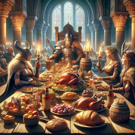 A grand feast was held to honour the visitors. #valkyrieandnymph #fantasy #fantasyart #fantasybooks #fantasyai #aifantasyart #aiart #aiartwork #aiartcommunity #ai #digitaldrawing #digitalartist #digitalpainting #digitalillustration #digitalcreator Steak Bagel, Fantasy Feast, Viking Feast, Royal Feast, Viking Village, Barbie Wedding Dress, Story Art, Barbie Wedding, March 4