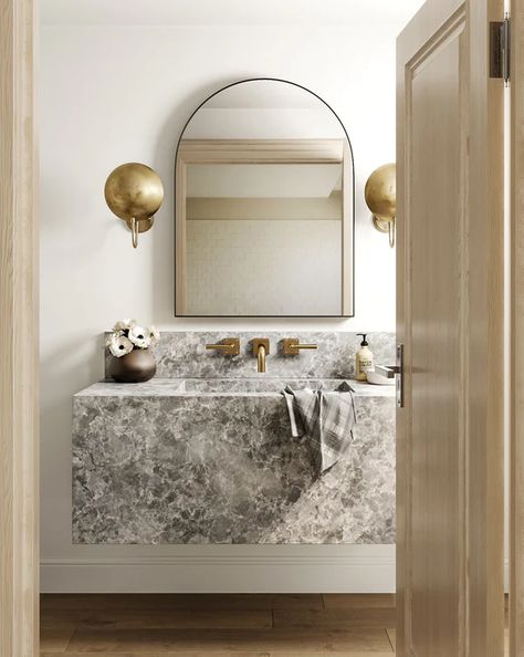 Curveless Bathroom, Unique Luxury Bathroom, Powder Bath Sconces, Traditional Floating Vanity, Mirror Sconces Bathroom, Marble Vanity Powder Room, California Bathroom Design, Arhaus Bathroom, Traditional Powder Bath