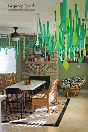 great jumping off point for a lot of decorating possibilities... Jungle Ceiling, Jungle Book Birthday Party, Jungle Book Birthday, Jungle Book Party, Monkey Birthday Parties, Jungle Decorations, Jungle Thema, Jungle Theme Parties, Jungle Decor