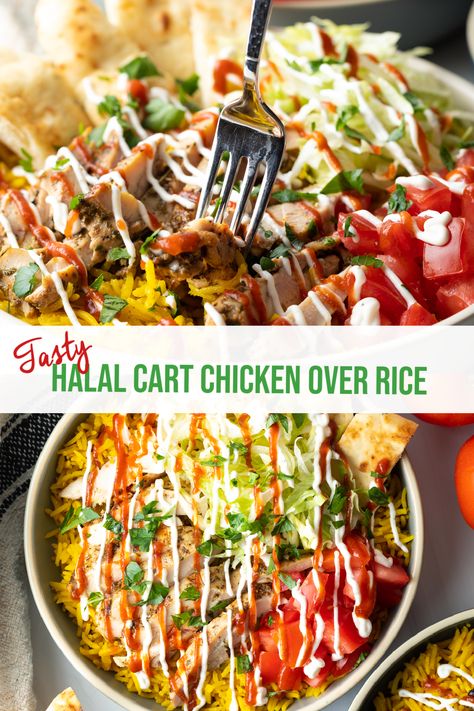 How to Make the Best Halal Cart-Style Chicken Recipe (+ VIDEO) - This Middle Eastern street food favorite layers zesty grilled chicken with tangy yogurt sauce and fresh chopped veggies over fluffy yellow rice. It's great to make ahead and meal prep, and perfect to customized to your tastes! Serve Halal Chicken Over Rice for lunch or dinner in a bowl for a convenient and satisfying one-bowl meal. | A Spicy Perspective Middle Eastern Chicken And Rice Bowl, Halal Street Cart Chicken, Chicken Over Rice Halal, Chicken Gyro Rice Bowl, Halal Lamb And Chicken Over Rice, Halal Guys Rice Recipe, Chicken Shawarma Bowl Recipe, Easy Halal Recipes, Yellow Rice Bowl