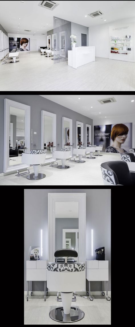 Hair Salon Capolavoro - Mantova (Italy) - Salon Design by Mauro Cimarosti - #SalonTrends Black White And Grey Beauty Salon, Grey Salon Ideas, Grey Salon Ideas Interior Design, Gray Hair Salon Decor Interior Design, Simple Salon Ideas, Black Floors, Mantova Italy, Salon Equipment Furniture, Small Salon