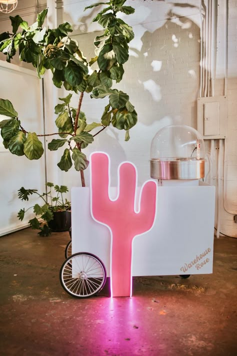 Disco party cowboy style, our free hand catcus neon paired with our Warehouse Rose cotton candy cart Cotton Candy Cart, Cowboy Party Decorations, Disco Cowboy, Desert Party, Cowboy Theme Party, Cowgirl Baby Showers, Cowgirl Decor, Western Birthday Party, Rodeo Party