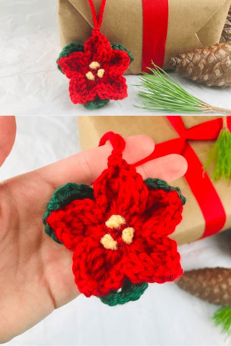 This crochet poinsettia ornament is the perfect way to add a floral touch to your holiday decor. #Crochet #DIY #HomeDecor Crochet Poinsettia Ornament, Crochet Ponsietta Flower, Poinsettia Crochet Pattern, Crochet Mini Poinsettia Free Pattern, Poinsettia Crochet Pattern Free, Crochet Poinsettia Free Pattern, Crochet Mistletoe, Poinsettia Crochet, Crochet Nook