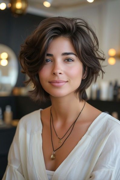 A neck-length layered pixie cut, offering a youthful and vibrant appearance Haircuts Trending, Trending Looks, Longer Pixie Haircut, Vlasové Trendy, Short Brown Hair, Messy Short Hair, Long Pixie, Penteado Cabelo Curto, 짧은 머리