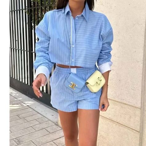 2024 traf store Two Piece Set Suit Shorts Blue Stripe Shirts Tops Shorts Skirt Blouse Suitstraf Stripe Shirts, Split Hem Skirt, Suit Shorts, Striped Two Piece, Shorts Skirt, Skirt Blouse, Shirt Pant Set, Skirt And Blouse, Color Shorts