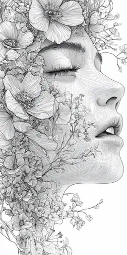 ↑↑↑ Larger size on website 🔸 A black and white line art drawing of a woman's face surrounded by delicate flowers. Her eyes are cl Women Drawings, Delicate Artwork, Black And White Line Art, White Line Art, Line Art Drawing, Black And White Lines, Delicate Flowers, White Line, Art Drawings Sketches Creative