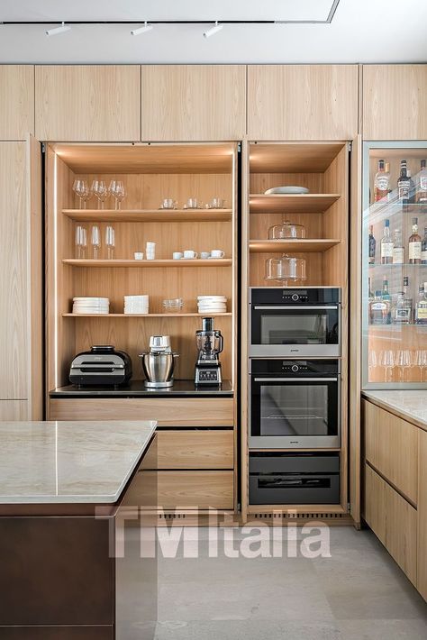 modern kitchen Hidden Wall Oven, Retractable Kitchen Cabinet Doors, Retractable Doors Kitchen, Slide And Hide Kitchen Doors, Concealed Appliances Kitchen, Fridge Unit Kitchen Designs, Pocket Doors Kitchen Cabinets, Hidden Fridge Cabinet, Hidden Kitchen Appliances