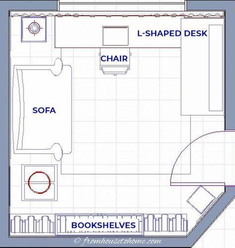 Small home office layout with an L-shaped desk in the corner and a couch Home Office Design Dual Monitor, 12 X 12 Office Design, 3 Person Home Office Layout, 12x12 Home Office Layout, Double Desk Home Office With Couch, Small Office Craft Room Ideas, Small Luxury Home Office, 2 Desk Office Layout With Couch, Office Layout Two Desks