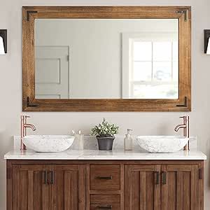 YOSHOOT Rustic Wooden Framed Wall Mirror, Natural Wood Bathroom Vanity Mirror for Farmhouse Decor, Vertical or Horizontal Hanging Natural Wood Bathroom, Natural Wood Bathroom Vanity, Farmhouse Vanity, Rustic Wall Mirrors, Wood Bathroom Vanity, Framed Wall Mirror, Wood Framed Mirror, Mirror Shapes, Mirror Wall Bathroom