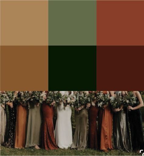 Bohemian Wedding Bridesmaids Dresses, Earthy Tones For Wedding, Fall Wedding Colors Bronze, Dark Orange And Green Wedding, October Wedding Outside, Terracotta And Pine Green Wedding, Orange Green Tan Wedding, Forest Green And Bronze Wedding, Olive Green And Orange Wedding Theme