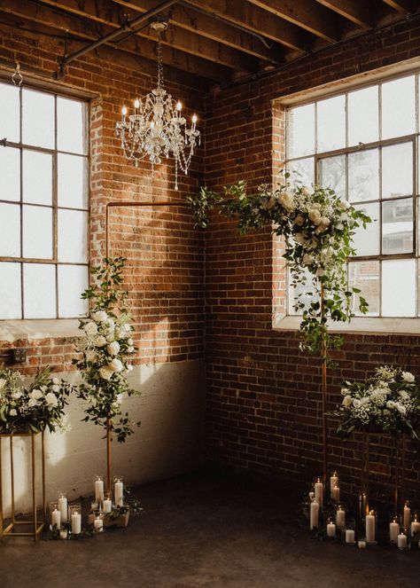 Industrial Ceremony Decor, Alter Inspiration Wedding, Minimal Ceremony Backdrop, Industrial Greenery Wedding, Minimal Wedding Decor Ceremony Backdrop, Wedding Arch Industrial, Brick Wall Ceremony Backdrop, Exposed Brick Wedding Venue Decor, Industrial Loft Wedding Decor