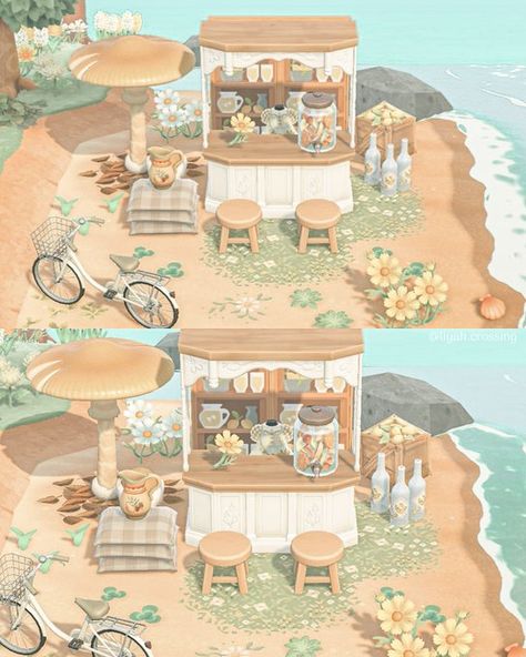 Cottage Island Animal Crossing, Beau Acnh Yard, Animal Crossing Beach Ideas Cottagecore, Cottagecore Beach Animal Crossing, Acnh Small Neighborhood Designs, Animal Crossing Island Space Fillers, Acnh Island Core Ideas, Animal Crossing Boho Island, Acnh Inn Ideas