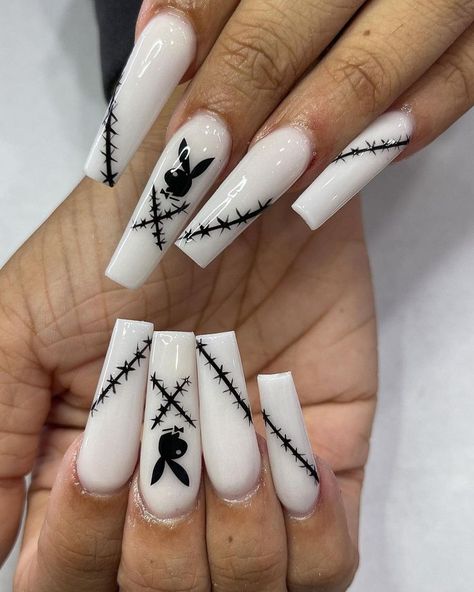 Play Boy Nails Acrylic, Play Bunny Nails, Nails Play Boy Bunny, Nails With Thumb, G59 Nails Acrylic, Playboi Carti Nails, Playboy Bunny Nail Design, Gothic Nails Coffin, Lil Peep Nails Acrylic