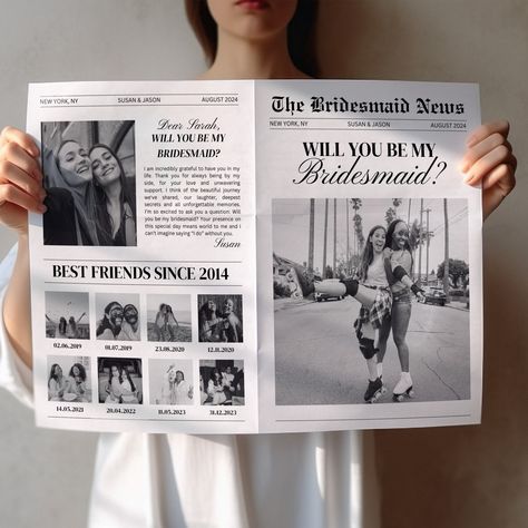 Bridesmaid Proposal Newspaper Template, Newspaper Flower Bouquet Wrap, Will You Be My Bridesmaid Card, Printable Bridesmaid Photo Card Bridesmaid Newspaper Proposal, Newspaper Bridesmaid Proposal, Newspaper Flower Bouquet, Newspaper Bouquet, Newspaper Flowers, Be My Bridesmaid Card, Wedding Newspaper, Newspaper Template, Bridesmaid Card