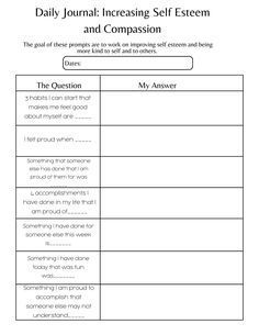 These daily journal prompts are designed to help increase self esteem and to increase self compassion. These journal prompts are great tool to add to therapy or to practice on your own. Self Esteem Journal Prompts, Self Esteem Journal, Increase Self Esteem, Improve Self Esteem, Life Coaching Worksheets, Journal Pages Printable, Self Advocacy, Daily Journal Prompts, Counseling Office