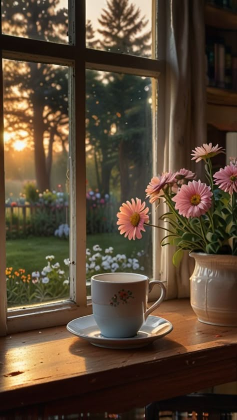 Simple Rustic Table, Aesthetic Window View, Tea Outside, Rainy Window, Rustic Cafe, An Open Window, Summer Nature Photography, Peaceful Garden, Outside The Window